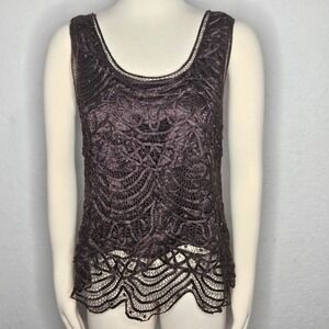 Vintage Soulmates Brown Silk Beaded Lace Sleeveless Scalloped Hem Top Medium